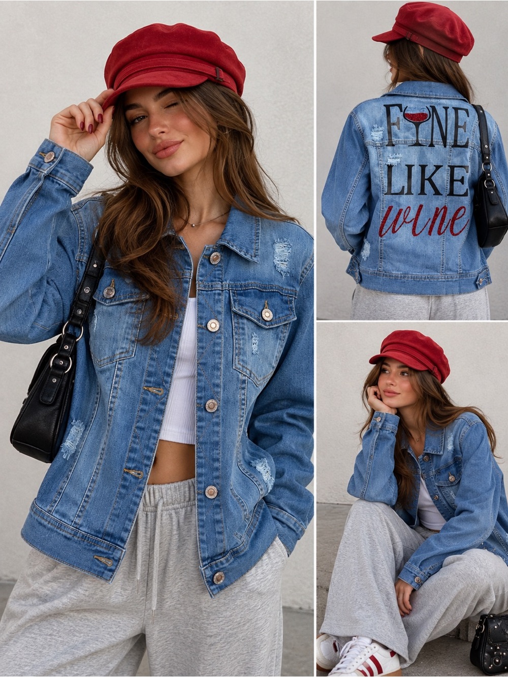 Denim Jacket with 'Fine Like Wine' Back Graphic - Blue